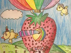 热气球上的小鸟蜡笔画作品图片