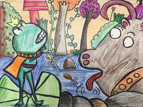 小青蛙和大狗狗蜡笔画作品图片