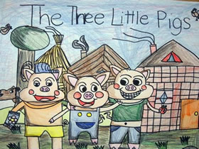 三只快乐的小猪蜡笔画作品图片