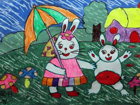 兔妈妈和兔宝宝的蜡笔画作品图片