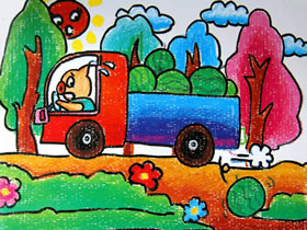 运西瓜的小猪蜡笔画作品图片