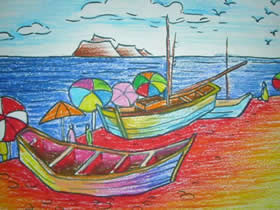 海边的小船蜡笔画作品图片