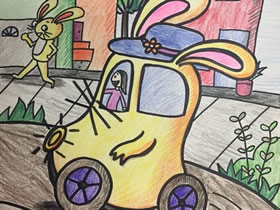 兔子汽车蜡笔画作品图片