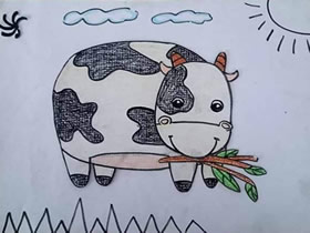 吃草的奶牛蜡笔画作品图片