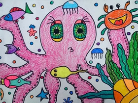 可爱大章鱼蜡笔画作品图片