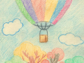 漂亮的热气球蜡笔画作品图片