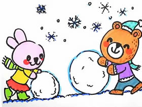 滚雪球的小兔和小熊简笔画画法图片步骤