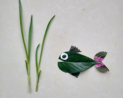 儿童创意拼贴艺术 树叶粘贴热带鱼