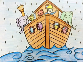 “诺亚方舟”的故事蜡笔画作品图片