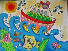 大海里航行的轮船蜡笔画作品图片