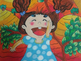 秋天田野里快乐奔跑的小女孩蜡笔画作品图片