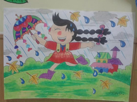 雨中快乐奔跑的小女孩蜡笔画作品图片
