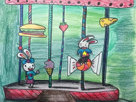 游乐场里玩耍的兔子蜡笔画作品图片