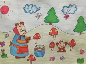 熊妈妈带宝宝采蘑菇蜡笔画作品图片