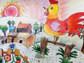 乡村打鸣的大公鸡蜡笔画作品图片