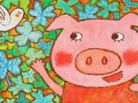 快乐的粉嫩小猪蜡笔画作品图片