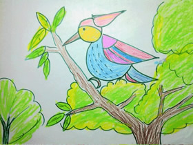 捉虫吃的啄木鸟蜡笔画作品图片