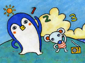 做早操的小企鹅和小老鼠蜡笔画作品图片