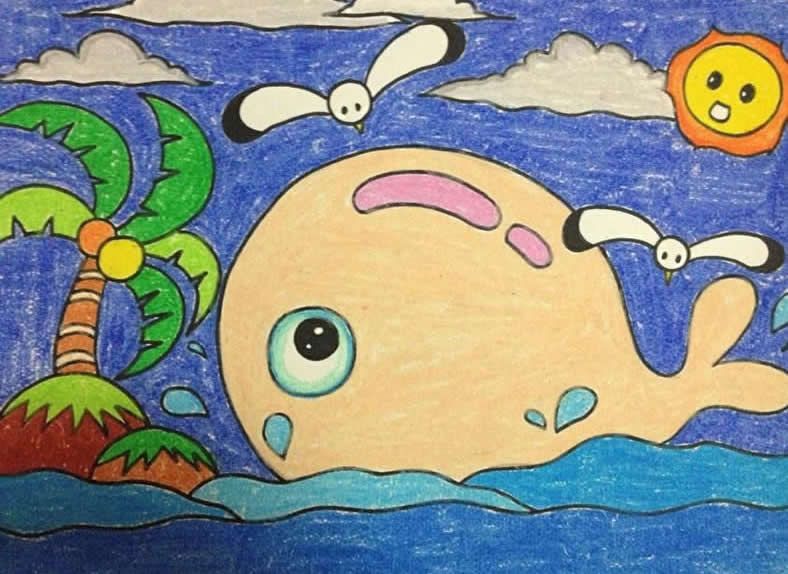 海边的大鲸鱼蜡笔画作品图片