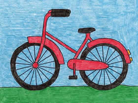 可爱女式自行车蜡笔画作品图片