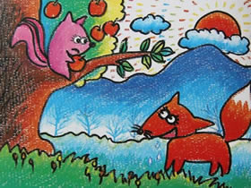 采摘苹果的狐狸蜡笔画作品图片