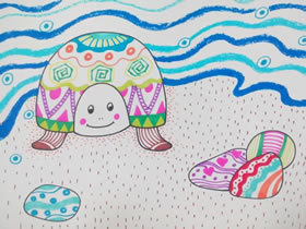 沙滩上的可爱乌龟蜡笔画作品图片