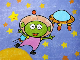 穿宇航服的外星人宝宝蜡笔画作品图片