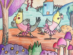 两只跳舞的小鸟蜡笔画作品图片