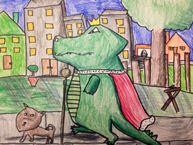 漫步街头的鳄鱼国王蜡笔画作品图片