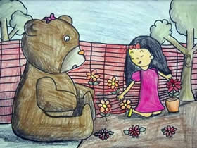 我和大熊做盆栽蜡笔画作品图片