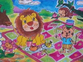 狮子的幸福生活蜡笔画作品图片