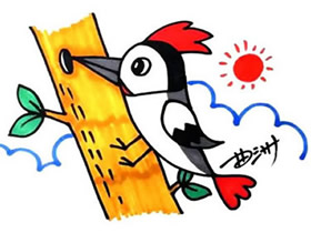 捉虫子的啄木鸟简笔画画法图片步骤