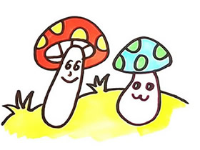 两只卡通蘑菇简笔画画法图片步骤